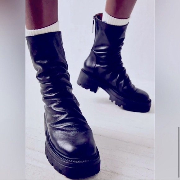 Free People Emma Ruche Black Leather Combat Boots Size 10 - Picture 1 of 14